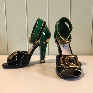 Prada green and black buckle heels
